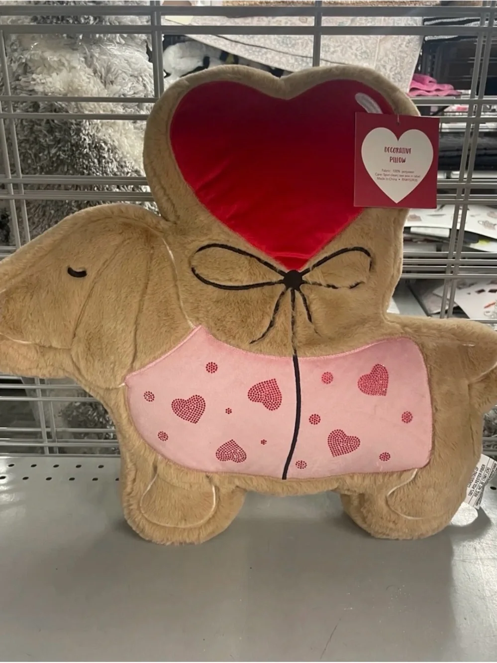 Brown Plush dachshund Pillow with Pink Heart Panel and Red Heart Balloon
